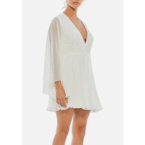 Mac Duggal Ieena Dress Angel Sleeves Plunging Neck Short Mini Bridal Flowy - Picture 1 of 11